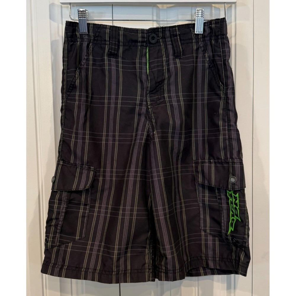 No Fear Y2K Surf Skate Board Shorts Boys Size 12 Black Plaid Swim Trunks Cargo